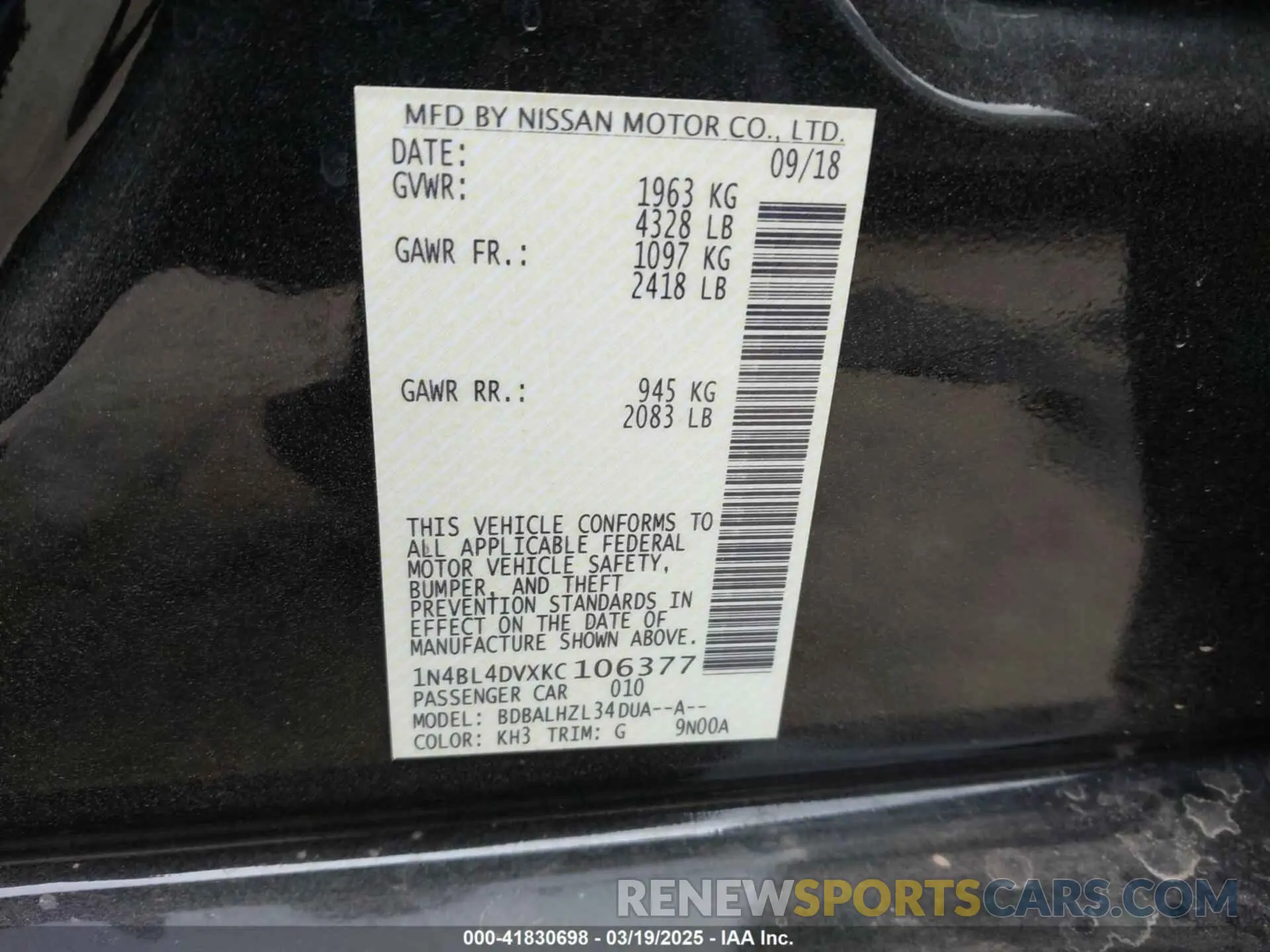 9 Photograph of a damaged car 1N4BL4DVXKC106377 NISSAN ALTIMA 2019