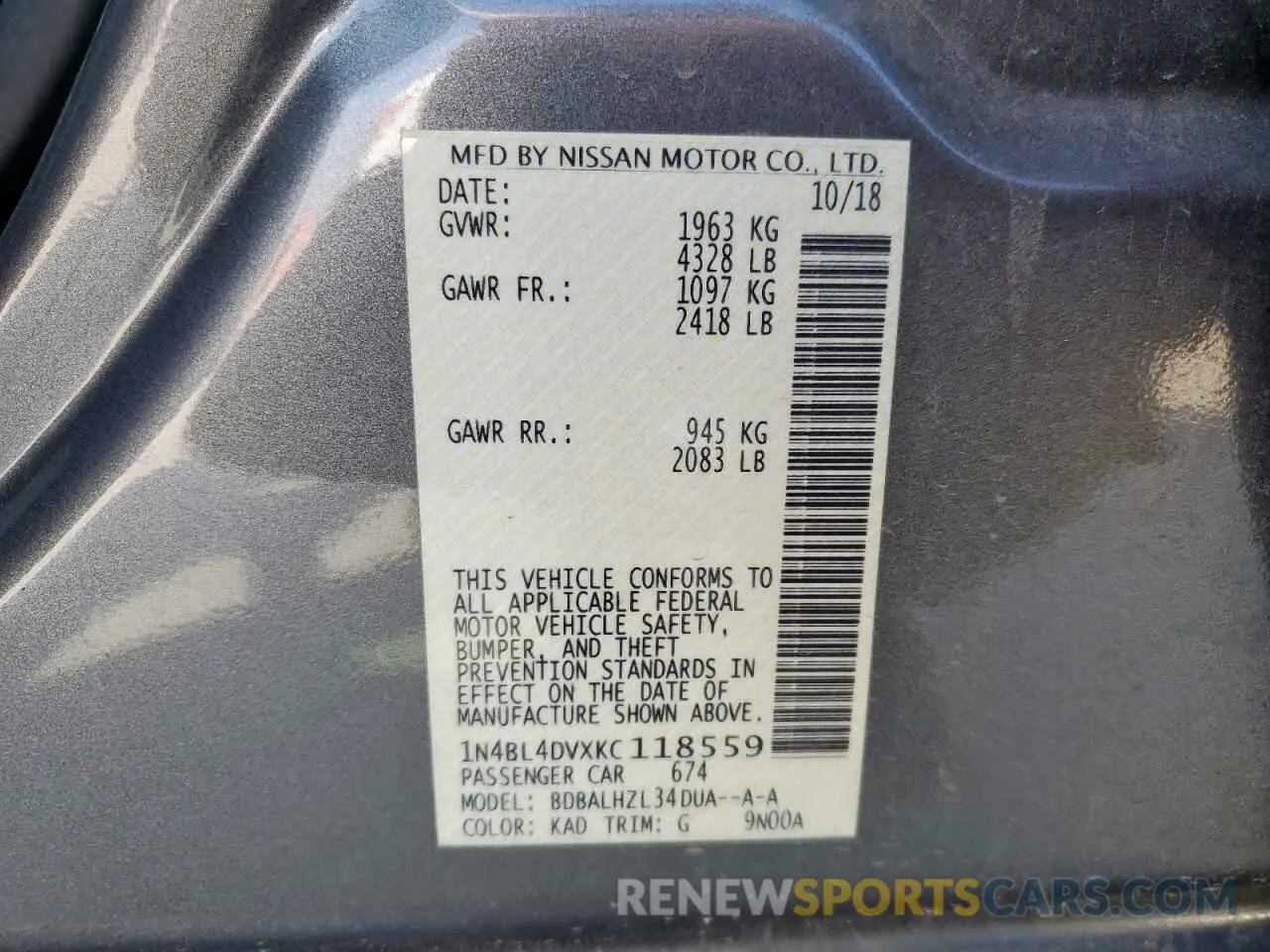 12 Photograph of a damaged car 1N4BL4DVXKC118559 NISSAN ALTIMA 2019