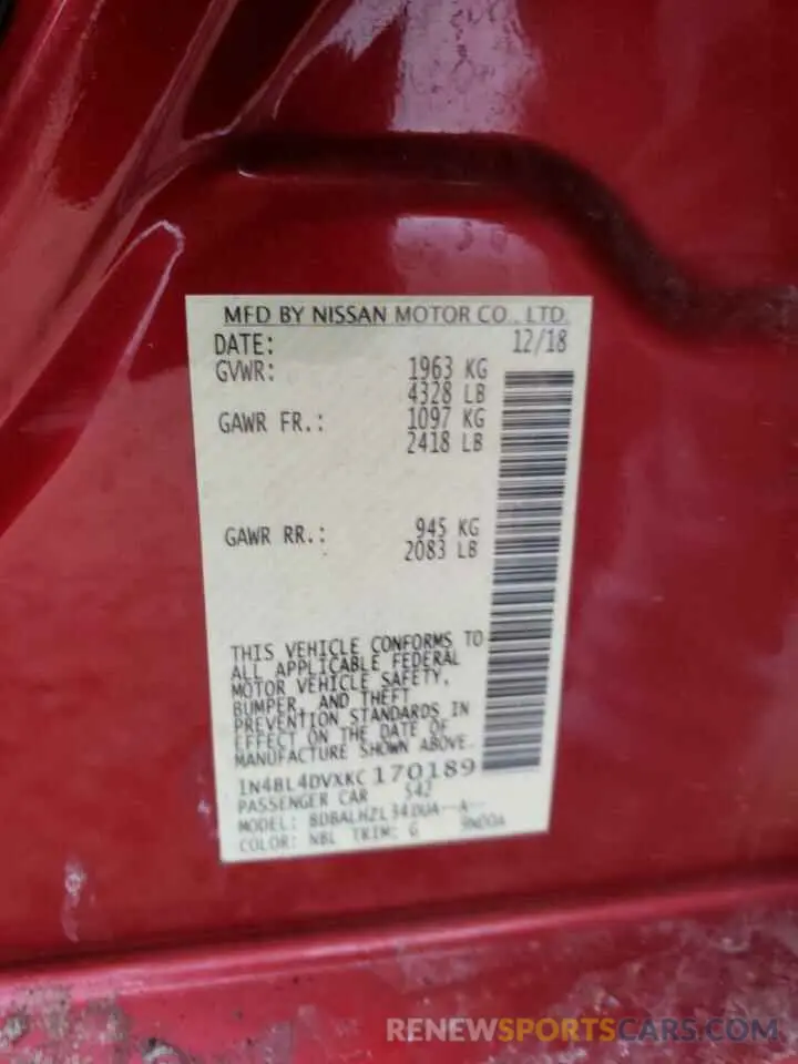 12 Photograph of a damaged car 1N4BL4DVXKC170189 NISSAN ALTIMA 2019