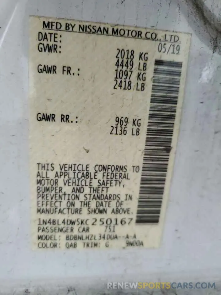 13 Photograph of a damaged car 1N4BL4DW5KC250167 NISSAN ALTIMA 2019