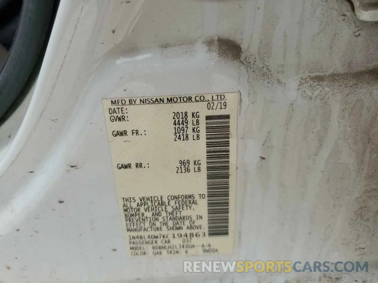 12 Photograph of a damaged car 1N4BL4DW7KC194863 NISSAN ALTIMA 2019
