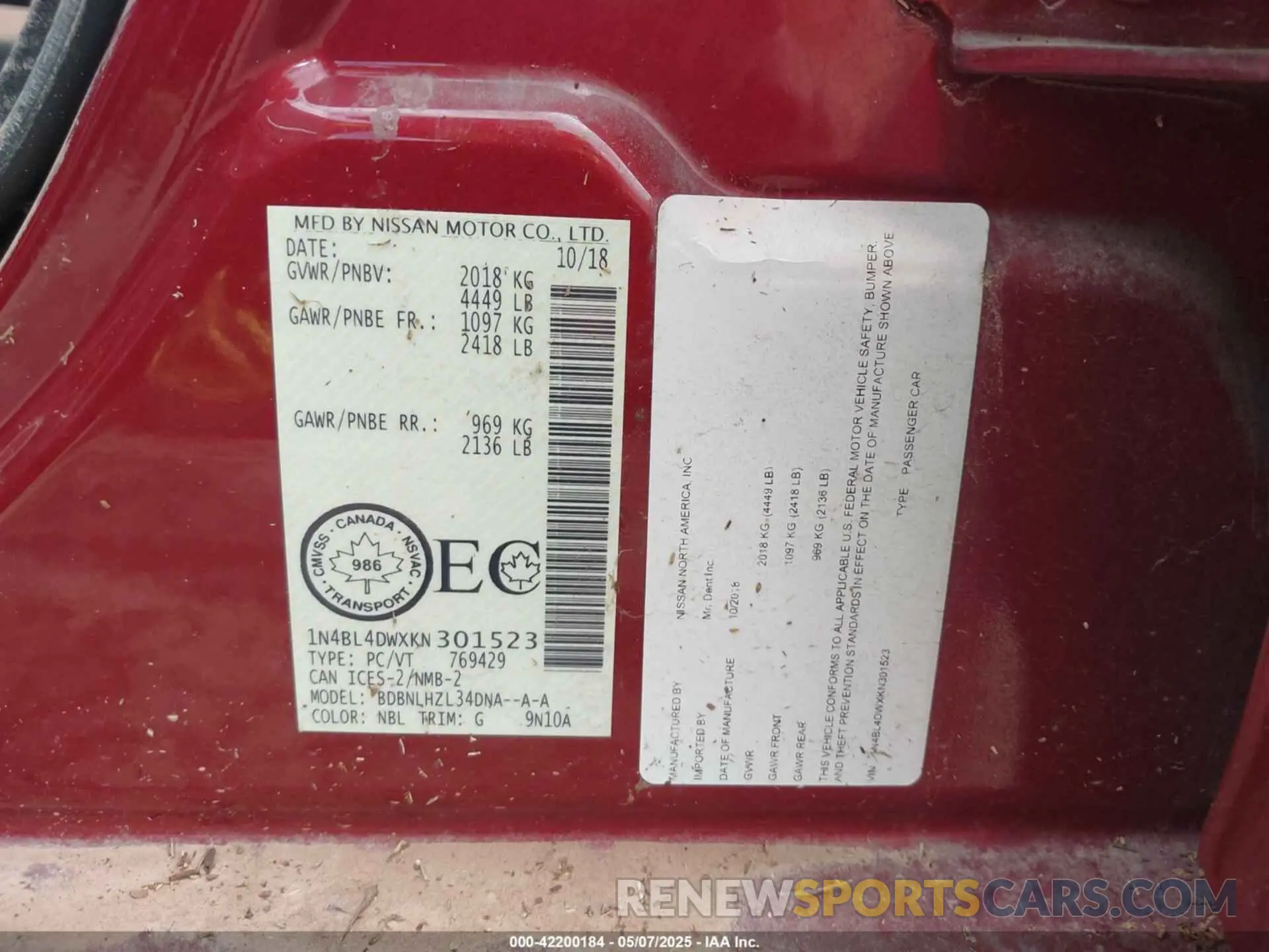 9 Photograph of a damaged car 1N4BL4DWXKN301523 NISSAN ALTIMA 2019