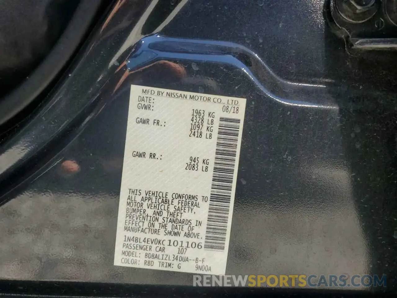 13 Photograph of a damaged car 1N4BL4EV0KC101106 NISSAN ALTIMA 2019
