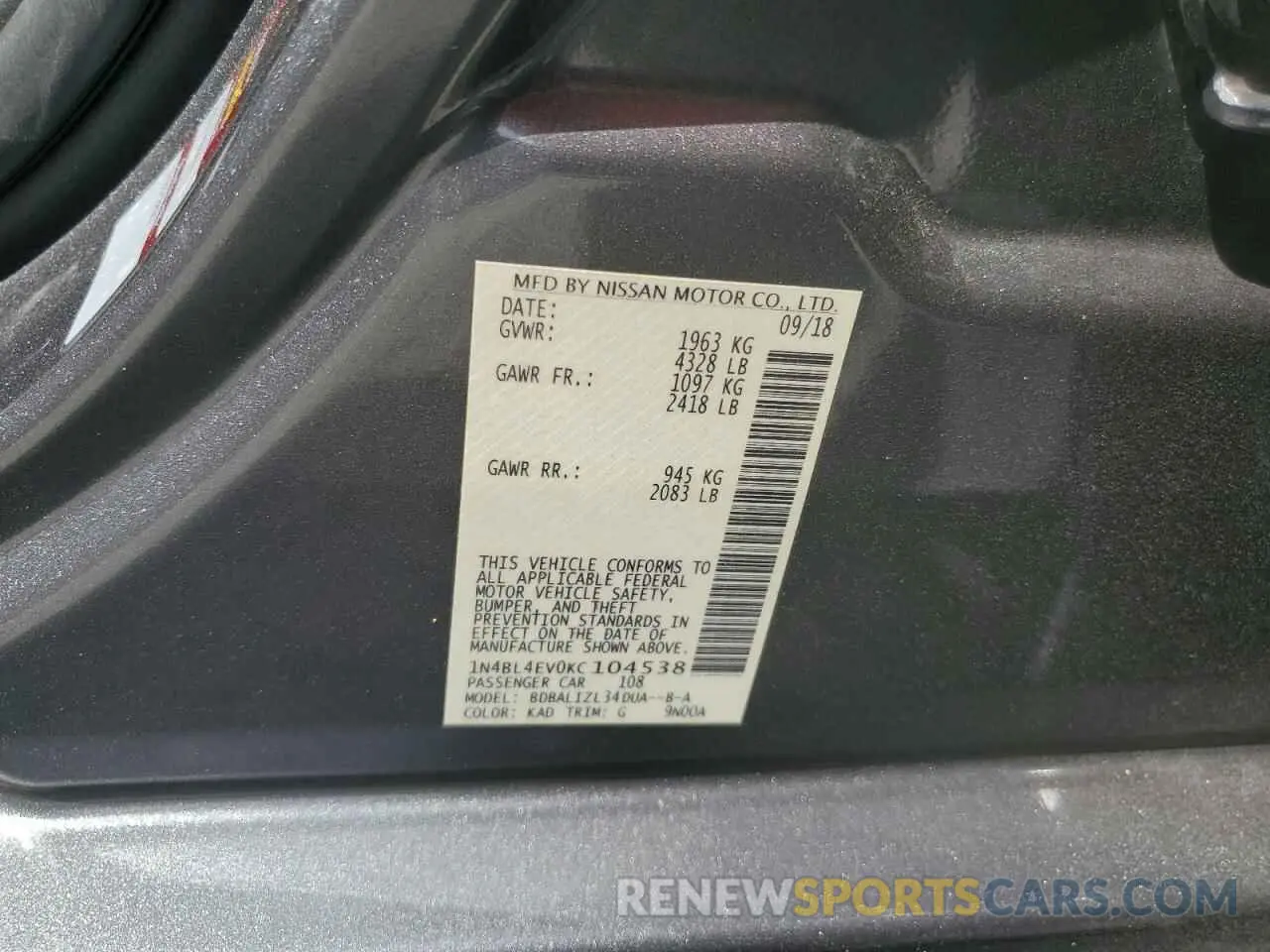 12 Photograph of a damaged car 1N4BL4EV0KC104538 NISSAN ALTIMA 2019