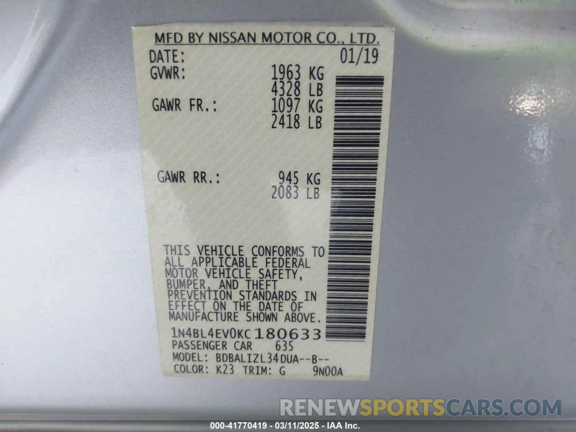9 Photograph of a damaged car 1N4BL4EV0KC180633 NISSAN ALTIMA 2019
