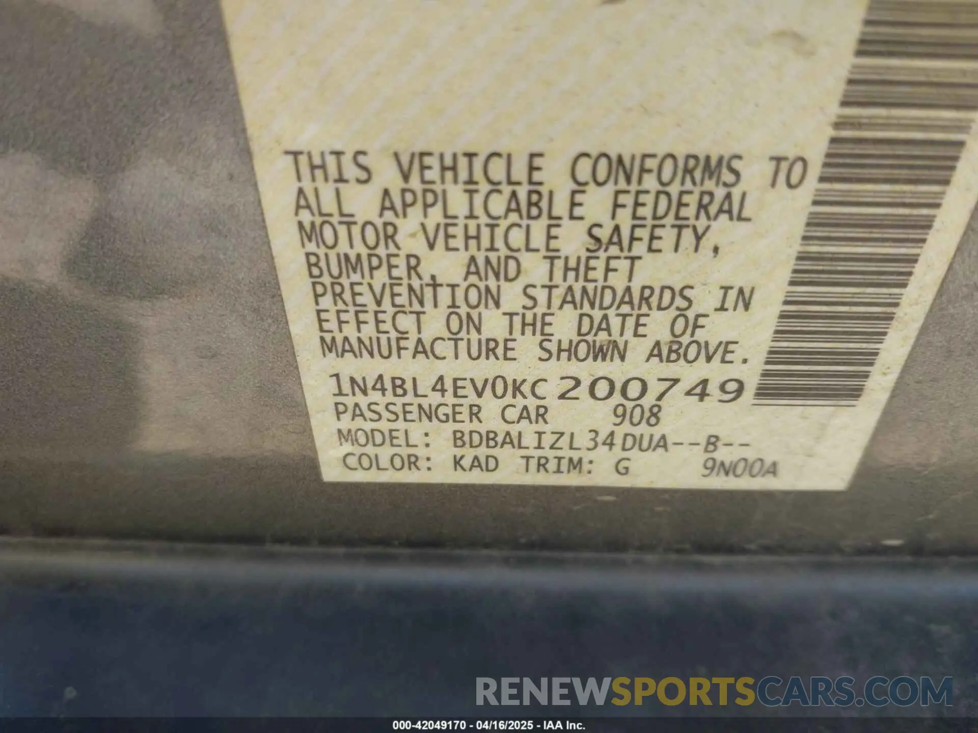 9 Photograph of a damaged car 1N4BL4EV0KC200749 NISSAN ALTIMA 2019