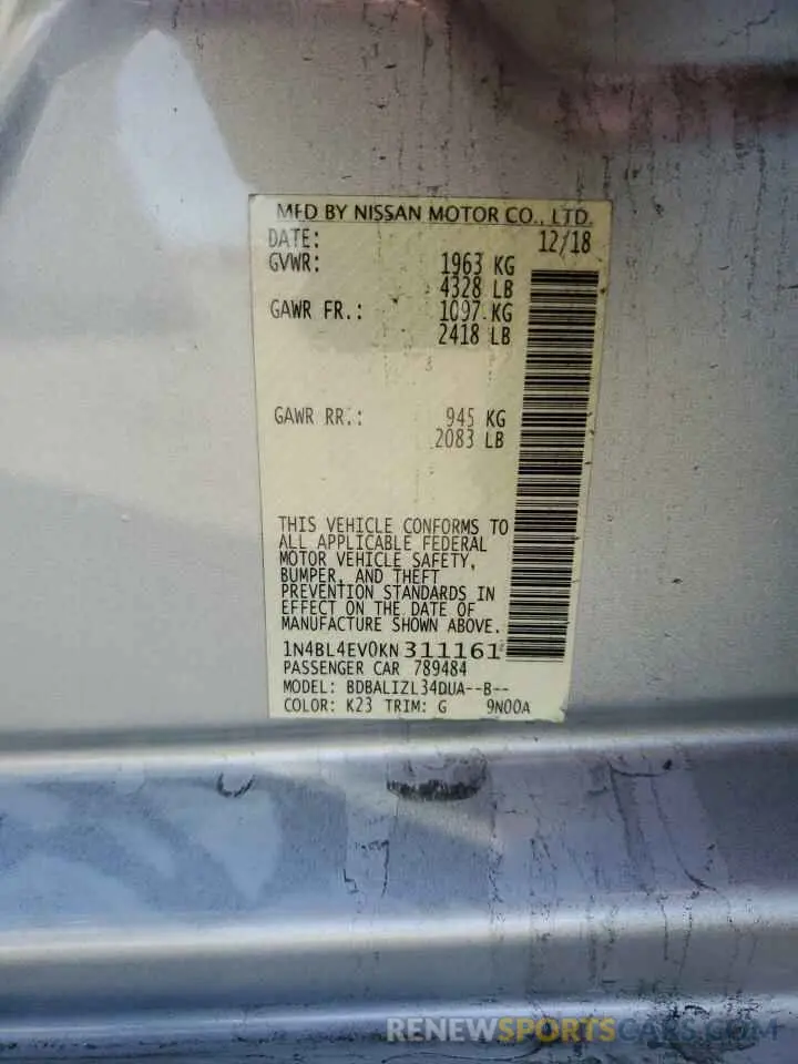 12 Photograph of a damaged car 1N4BL4EV0KN311161 NISSAN ALTIMA 2019