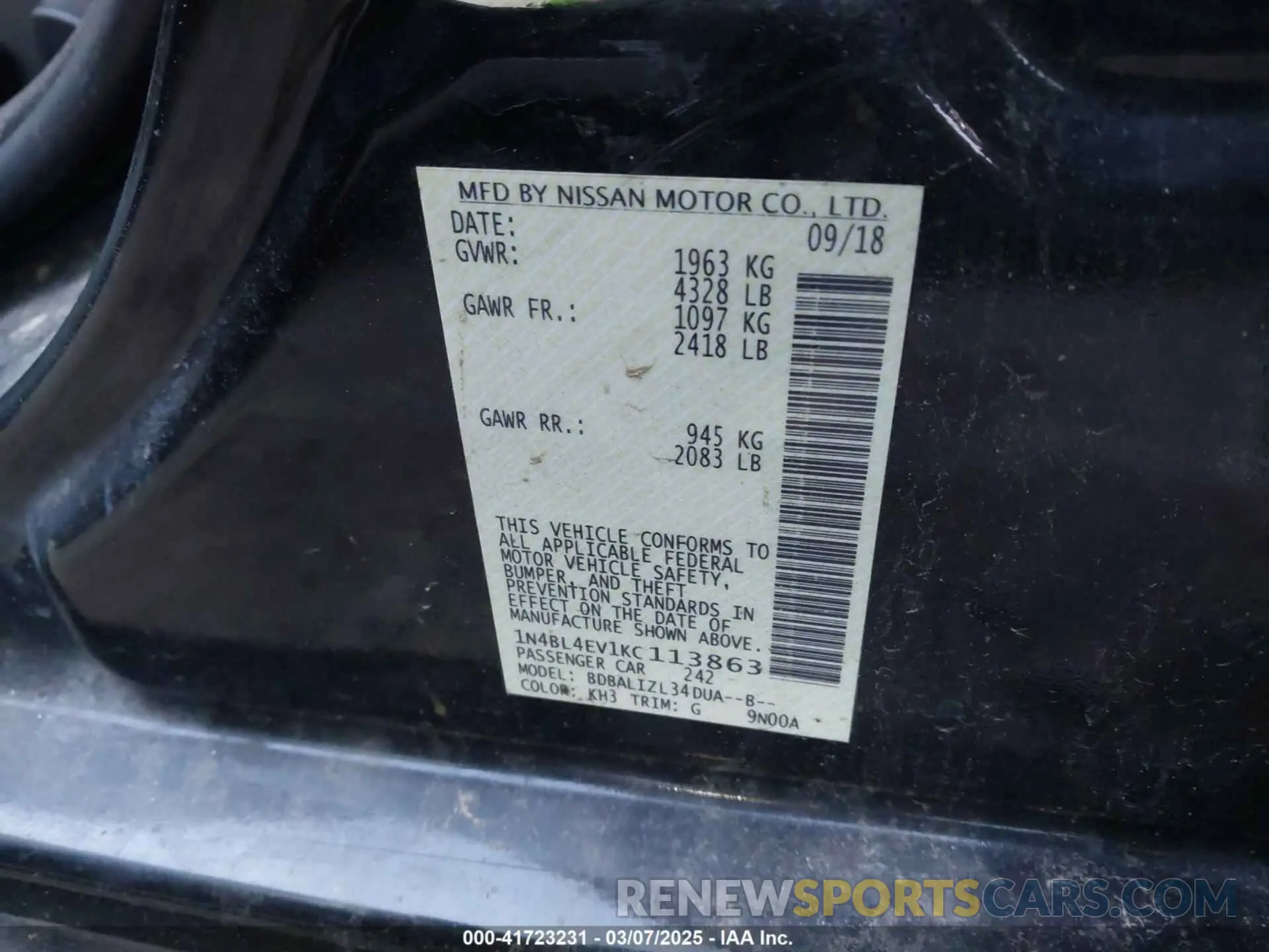 9 Photograph of a damaged car 1N4BL4EV1KC113863 NISSAN ALTIMA 2019