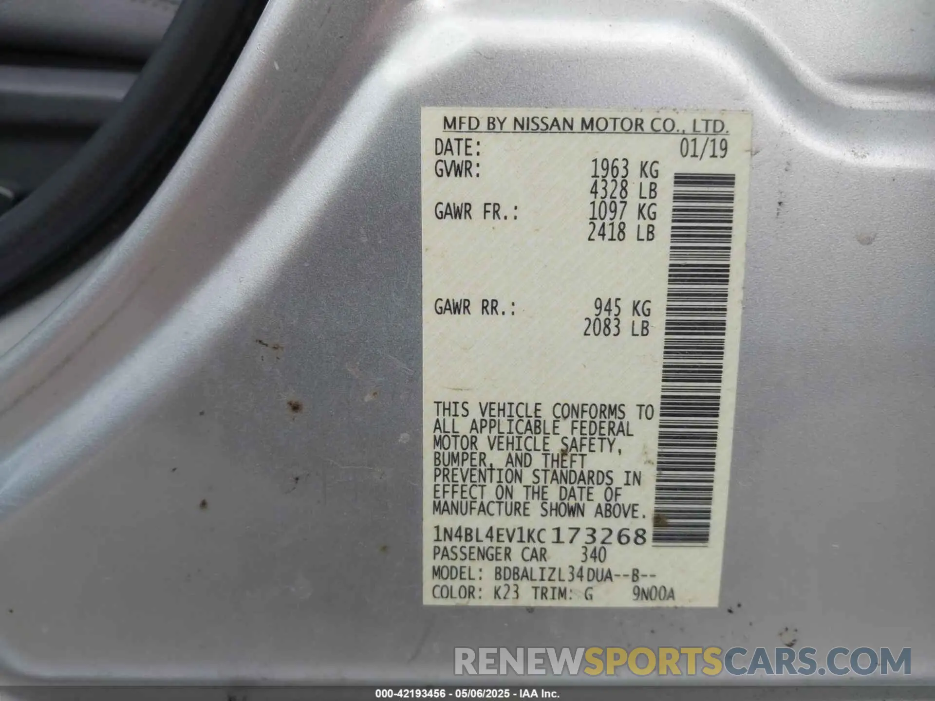 9 Photograph of a damaged car 1N4BL4EV1KC173268 NISSAN ALTIMA 2019