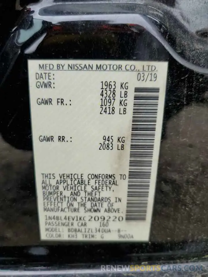 12 Photograph of a damaged car 1N4BL4EV1KC209220 NISSAN ALTIMA 2019