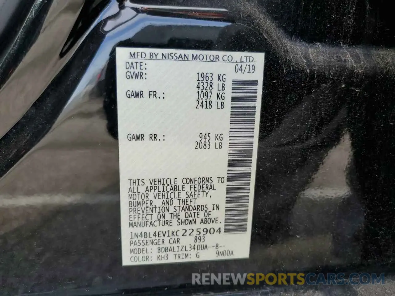 13 Photograph of a damaged car 1N4BL4EV1KC225904 NISSAN ALTIMA 2019