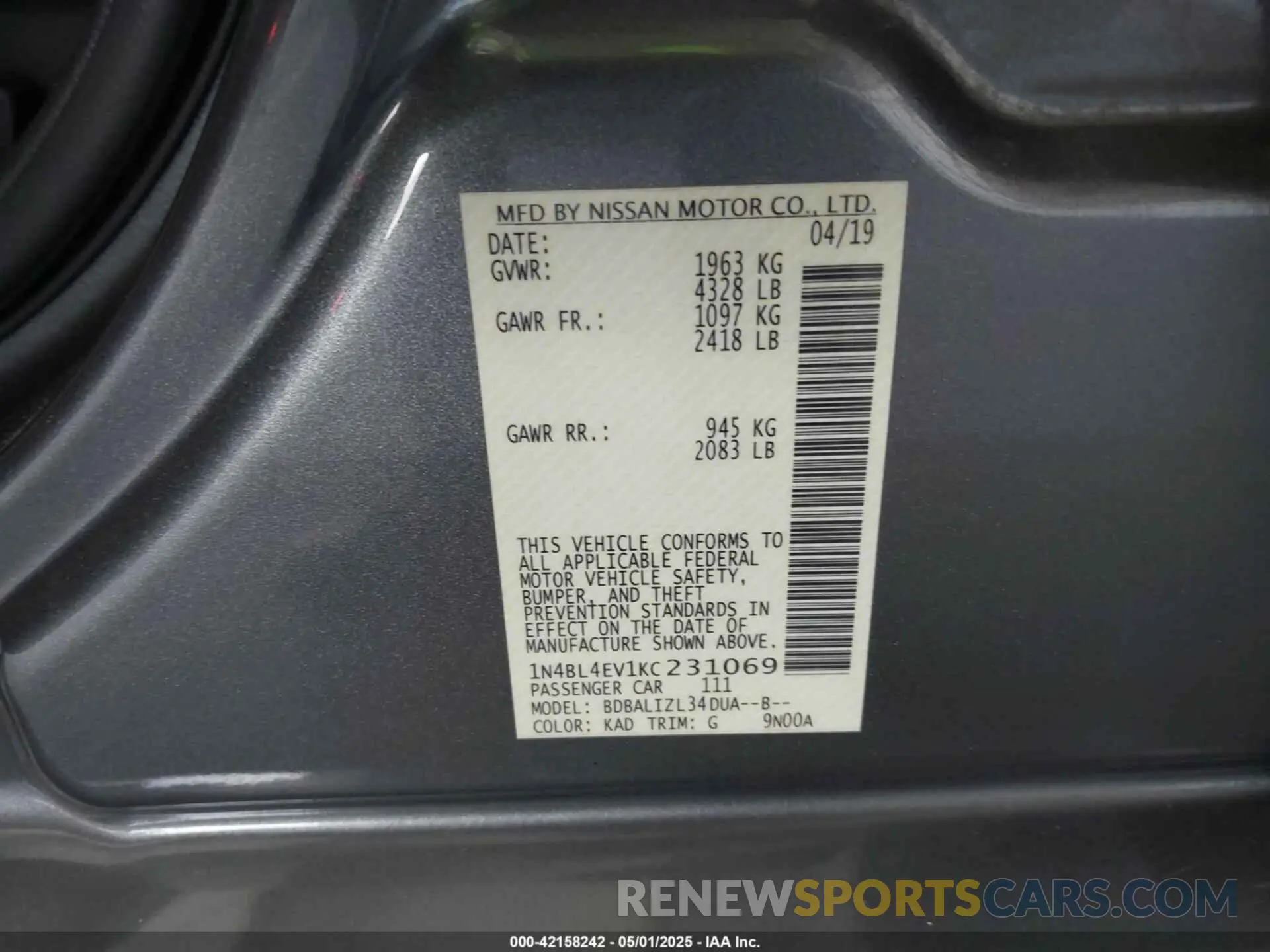 9 Photograph of a damaged car 1N4BL4EV1KC231069 NISSAN ALTIMA 2019