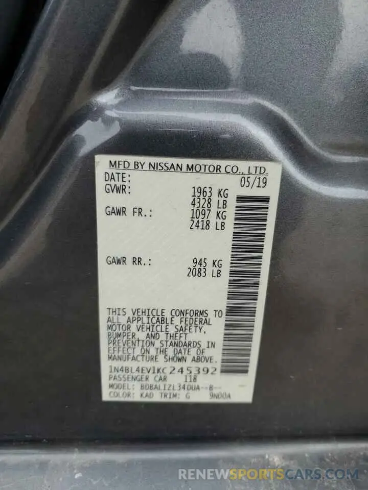 13 Photograph of a damaged car 1N4BL4EV1KC245392 NISSAN ALTIMA 2019