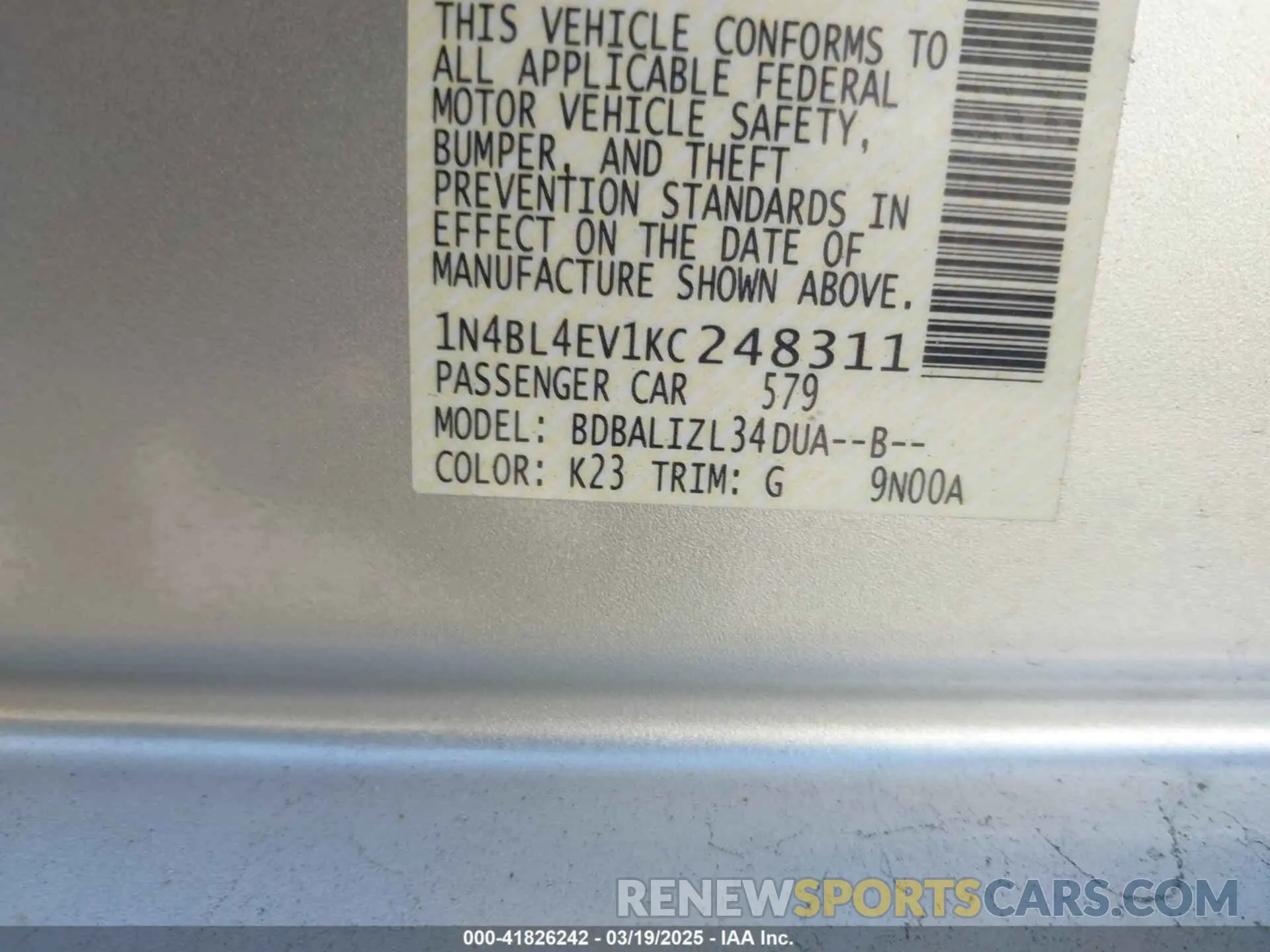 9 Photograph of a damaged car 1N4BL4EV1KC248311 NISSAN ALTIMA 2019