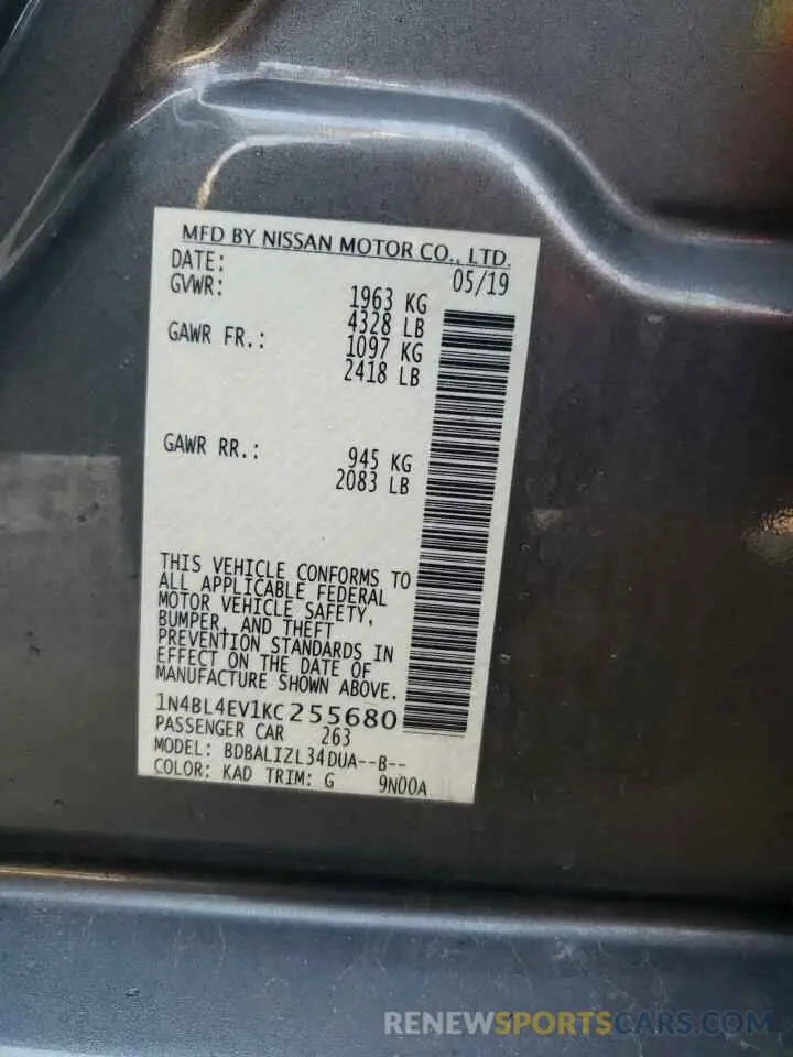 12 Photograph of a damaged car 1N4BL4EV1KC255680 NISSAN ALTIMA 2019