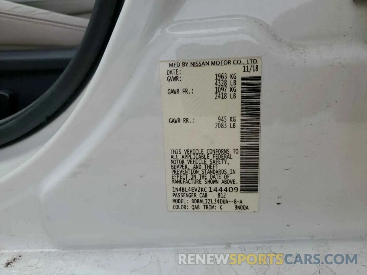 12 Photograph of a damaged car 1N4BL4EV2KC144409 NISSAN ALTIMA 2019