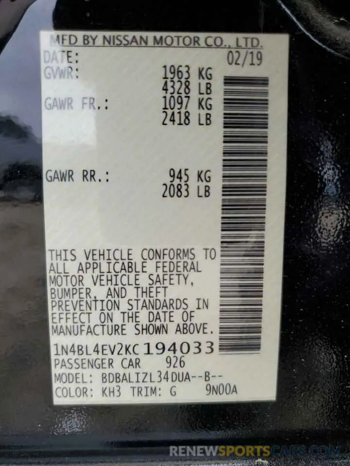 12 Photograph of a damaged car 1N4BL4EV2KC194033 NISSAN ALTIMA 2019
