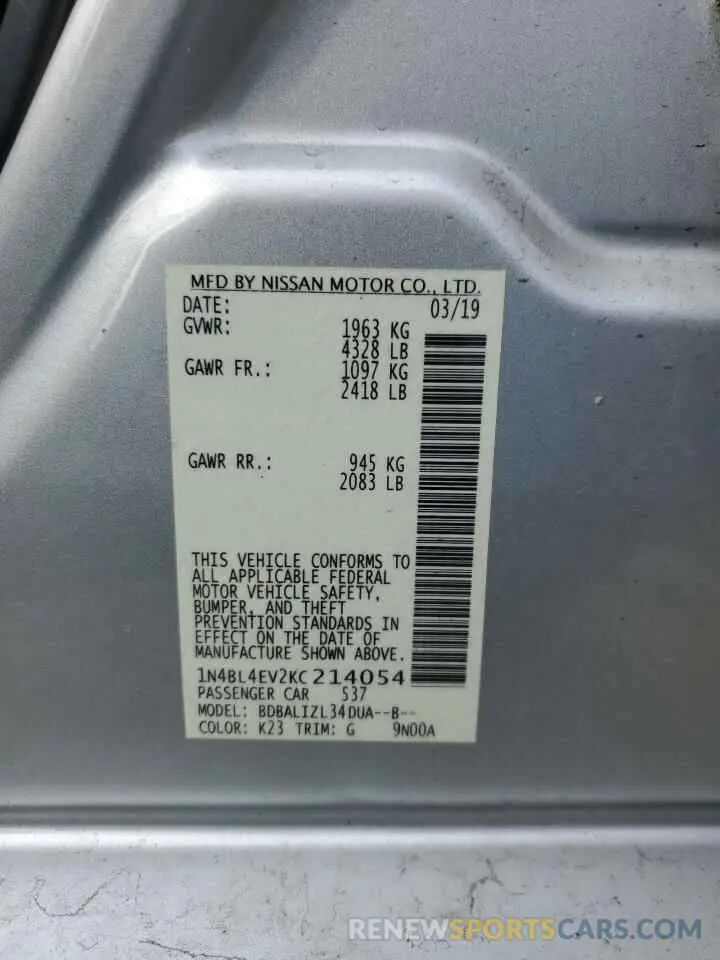 12 Photograph of a damaged car 1N4BL4EV2KC214054 NISSAN ALTIMA 2019