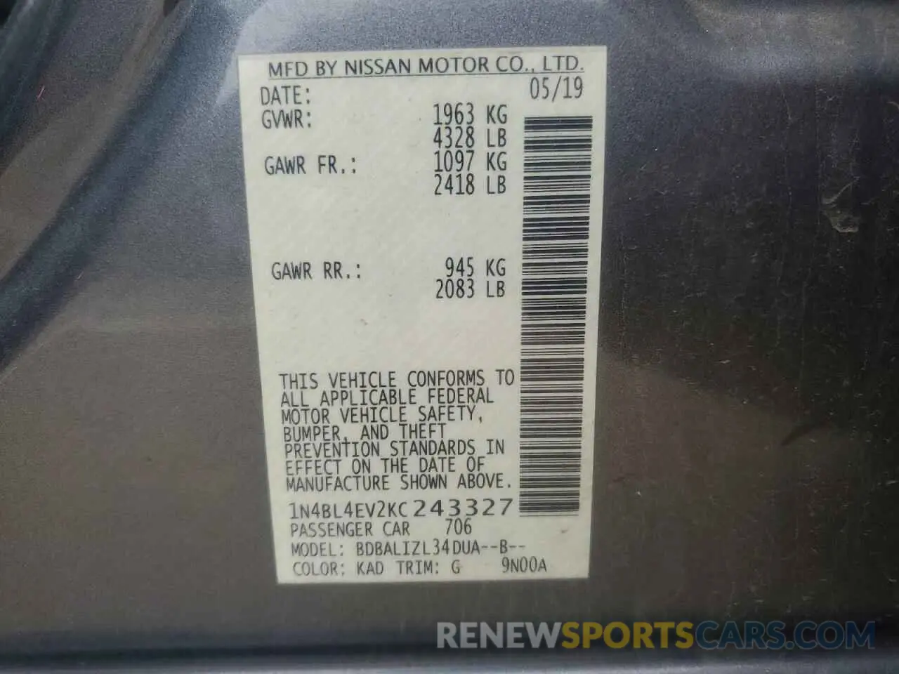 14 Photograph of a damaged car 1N4BL4EV2KC243327 NISSAN ALTIMA 2019
