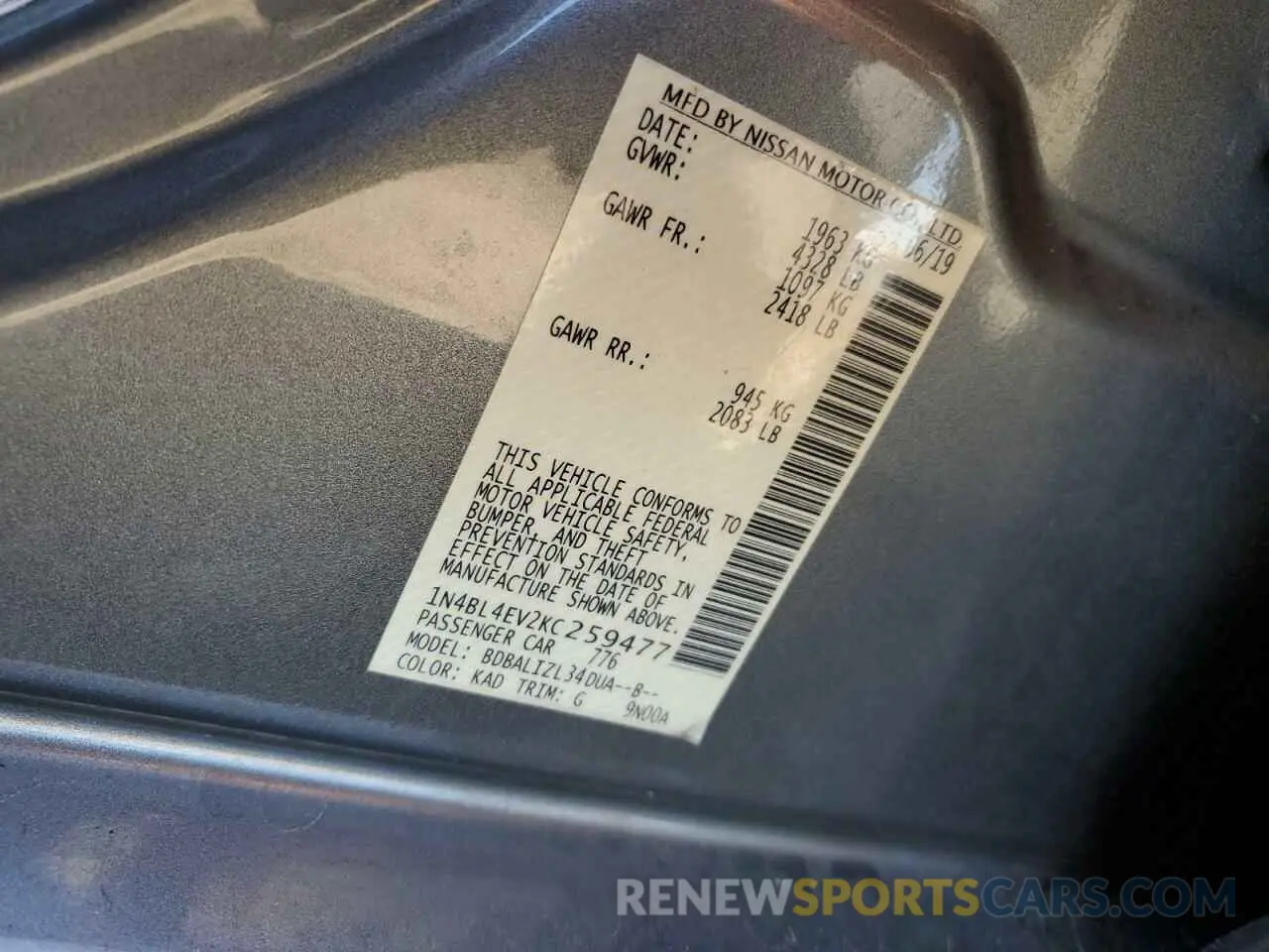 14 Photograph of a damaged car 1N4BL4EV2KC259477 NISSAN ALTIMA 2019