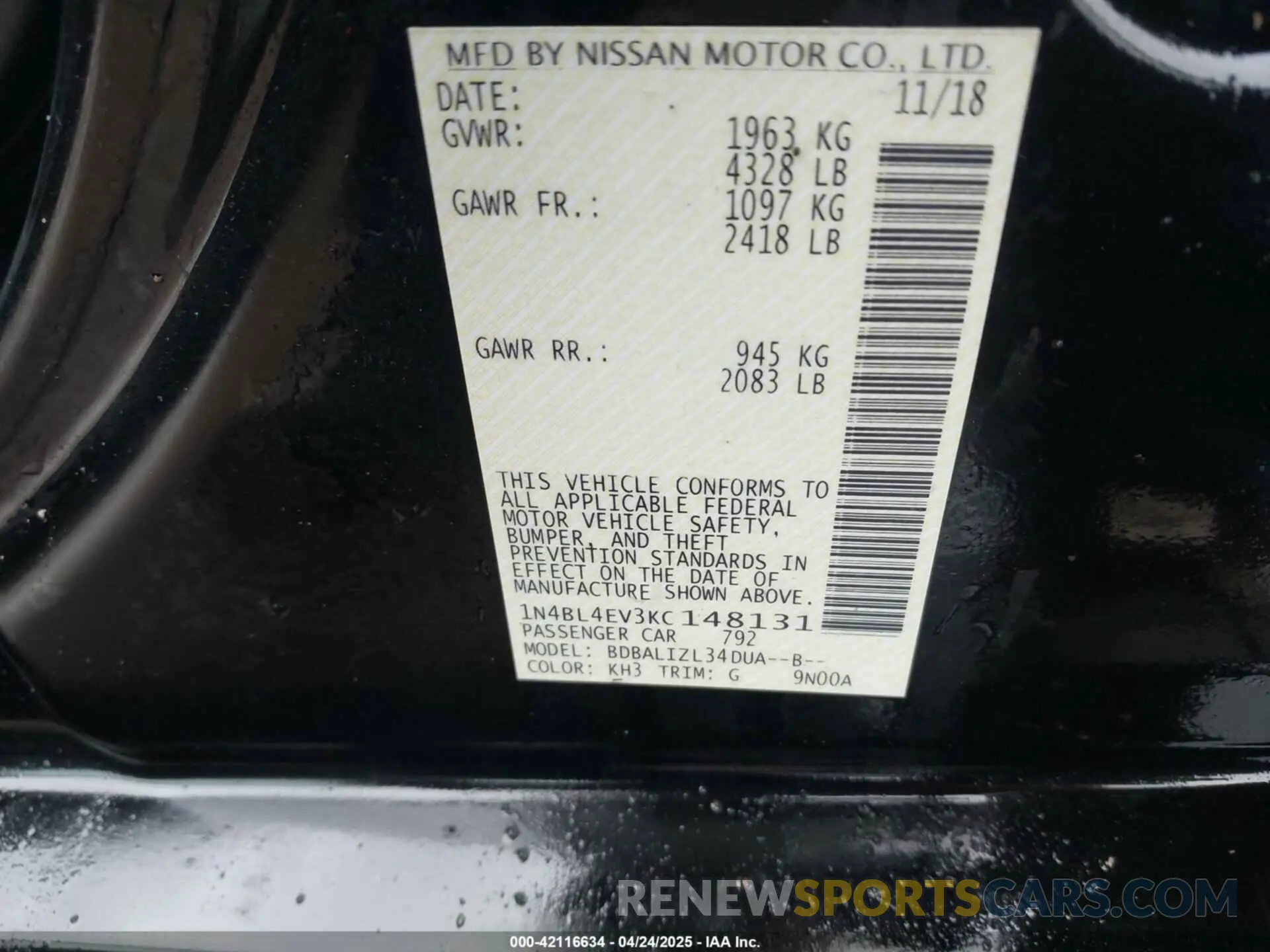 9 Photograph of a damaged car 1N4BL4EV3KC148131 NISSAN ALTIMA 2019