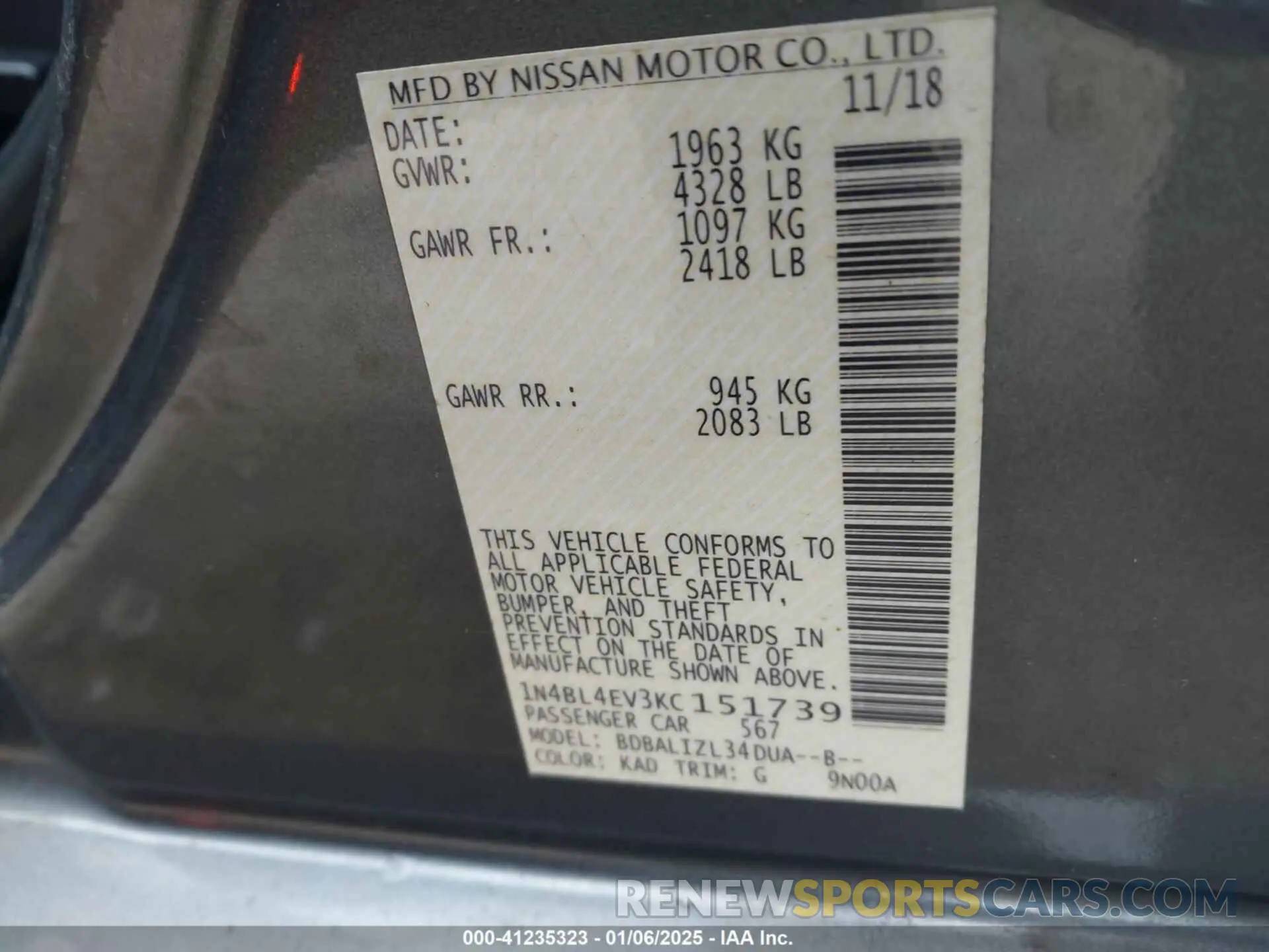 9 Photograph of a damaged car 1N4BL4EV3KC151739 NISSAN ALTIMA 2019