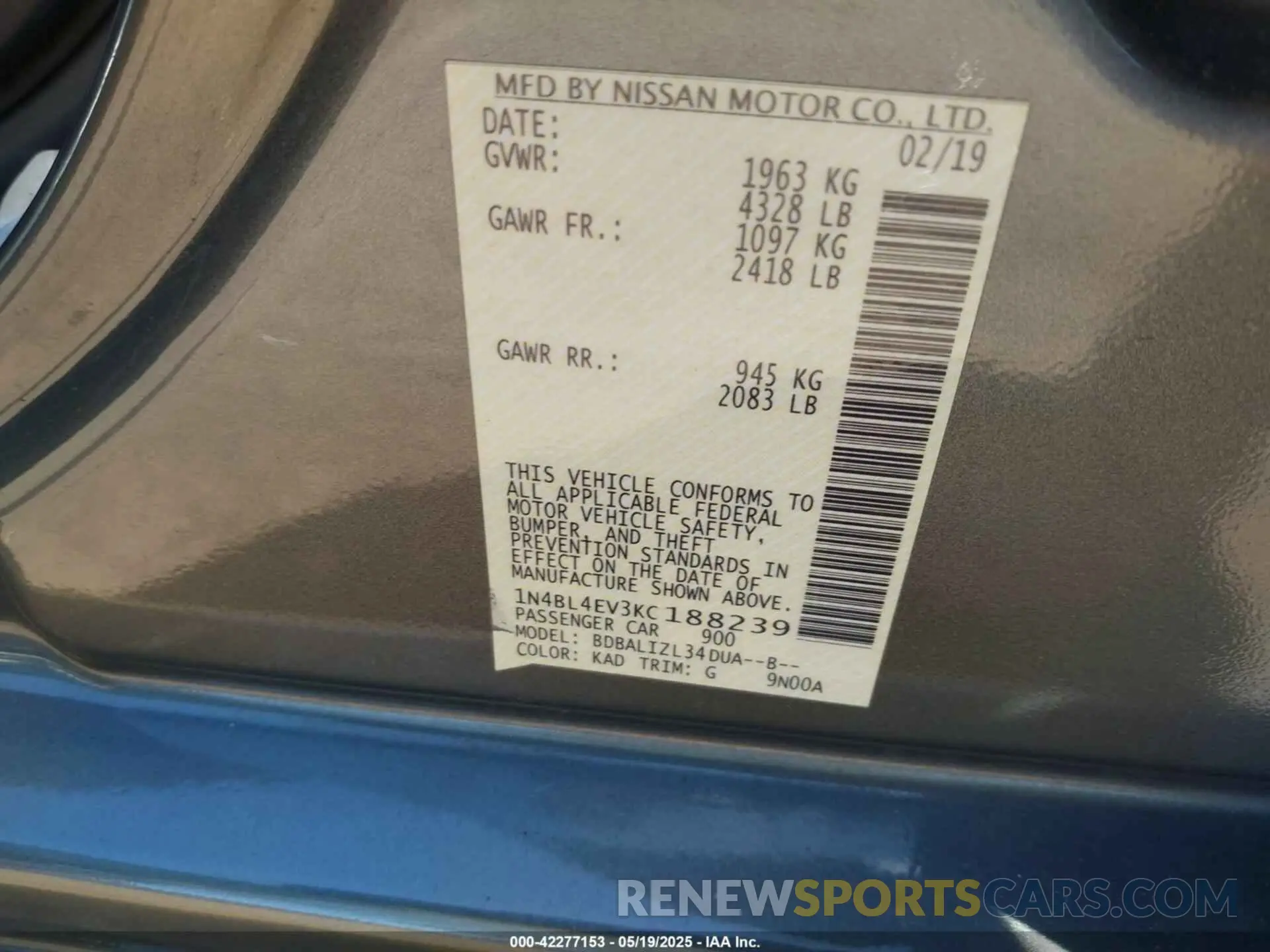9 Photograph of a damaged car 1N4BL4EV3KC188239 NISSAN ALTIMA 2019