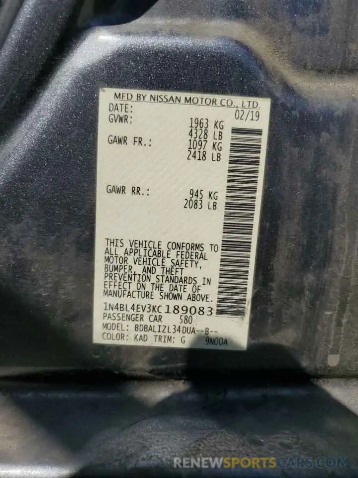 13 Photograph of a damaged car 1N4BL4EV3KC189083 NISSAN ALTIMA 2019