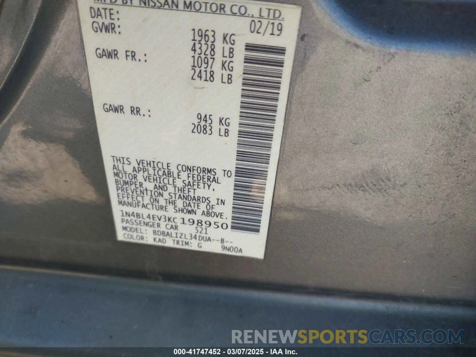 9 Photograph of a damaged car 1N4BL4EV3KC198950 NISSAN ALTIMA 2019