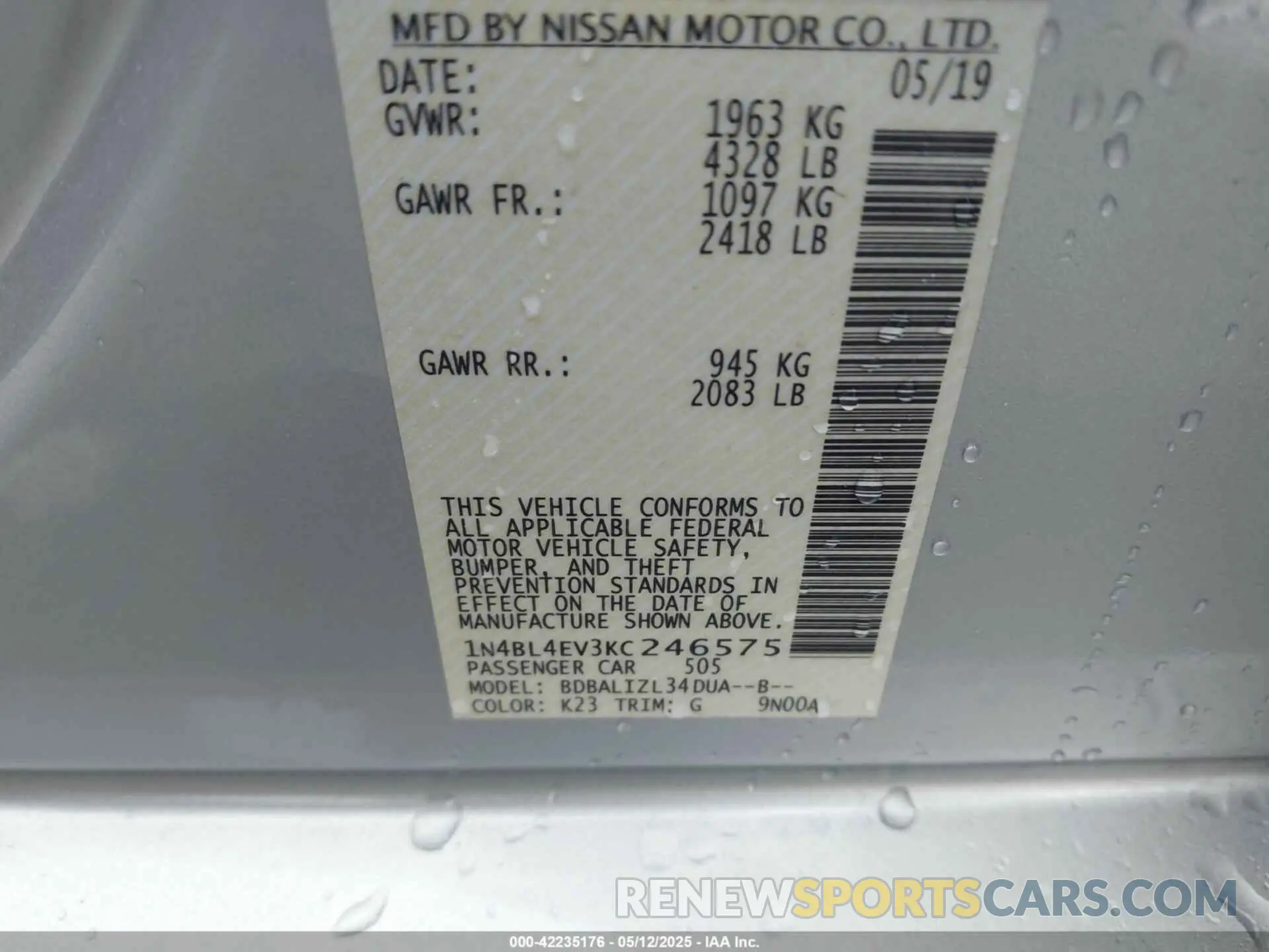 9 Photograph of a damaged car 1N4BL4EV3KC246575 NISSAN ALTIMA 2019
