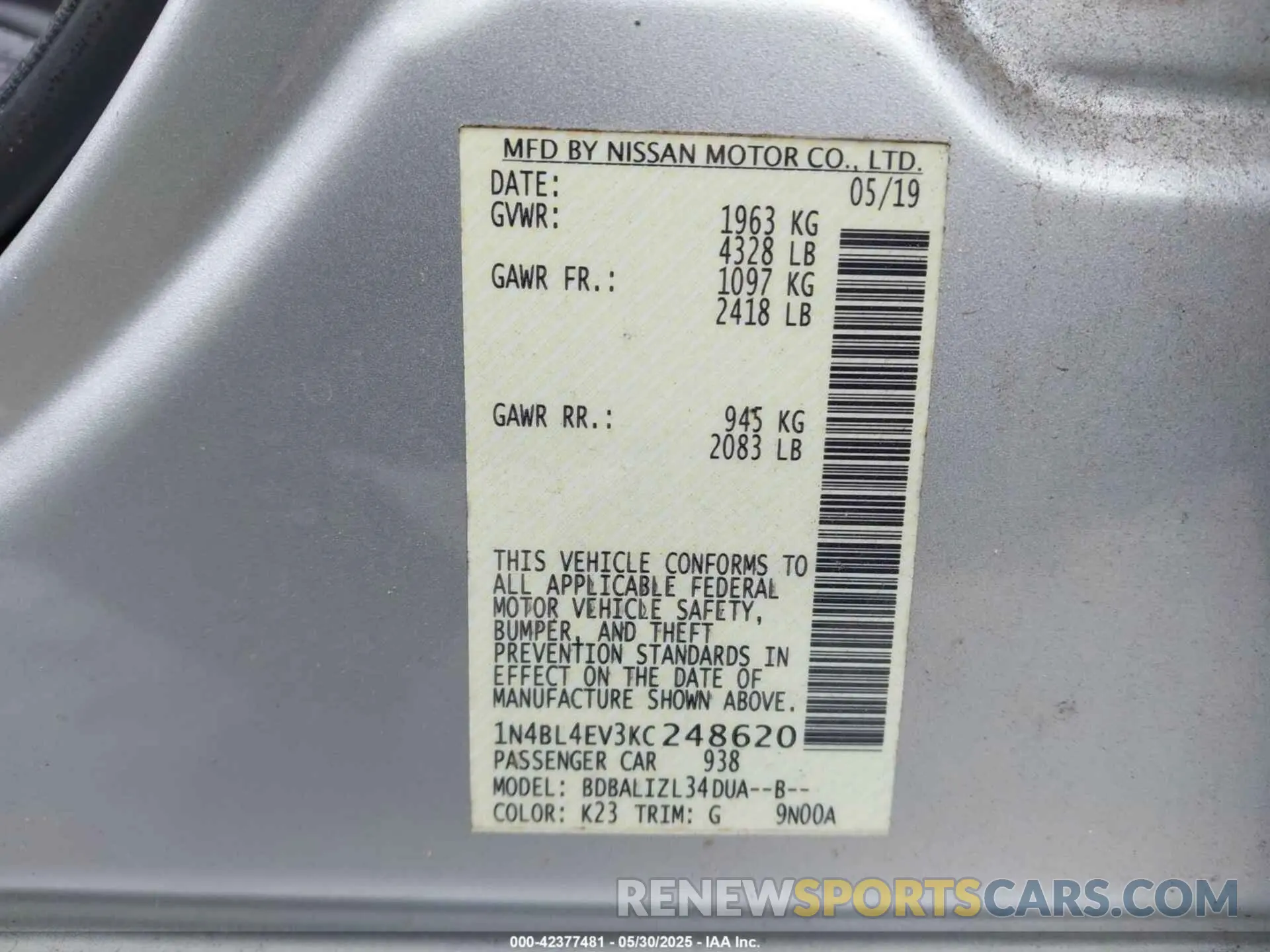 9 Photograph of a damaged car 1N4BL4EV3KC248620 NISSAN ALTIMA 2019