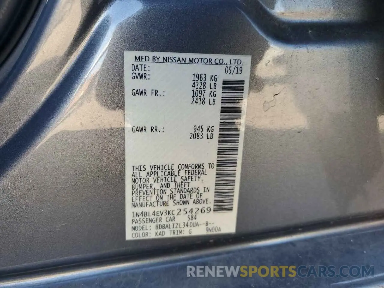 15 Photograph of a damaged car 1N4BL4EV3KC254269 NISSAN ALTIMA 2019