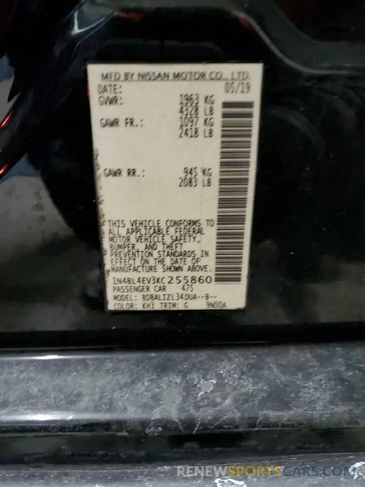 12 Photograph of a damaged car 1N4BL4EV3KC255860 NISSAN ALTIMA 2019