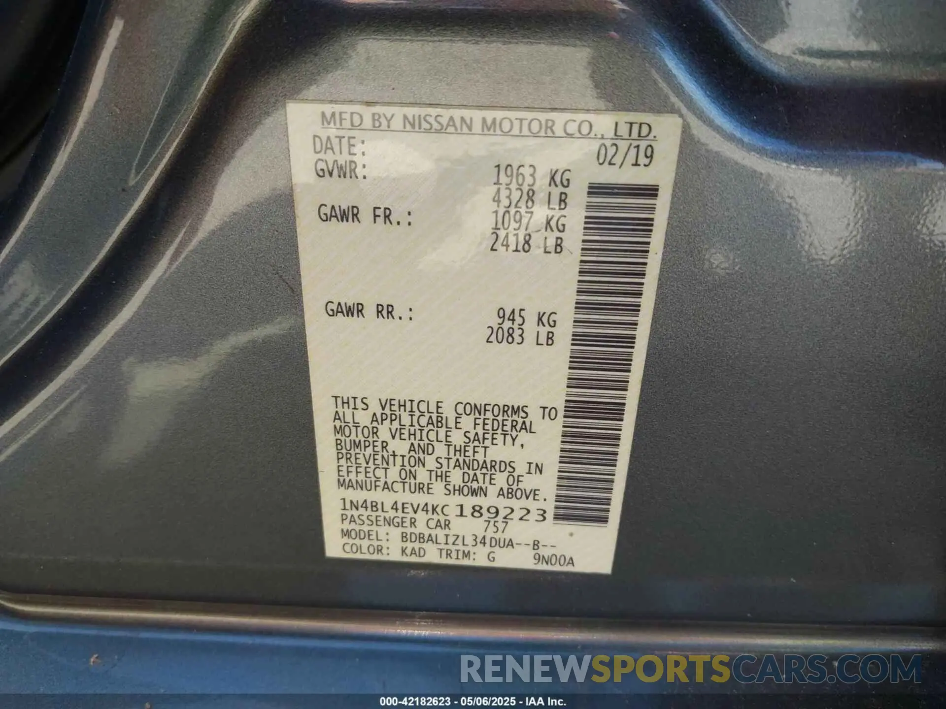 9 Photograph of a damaged car 1N4BL4EV4KC189223 NISSAN ALTIMA 2019