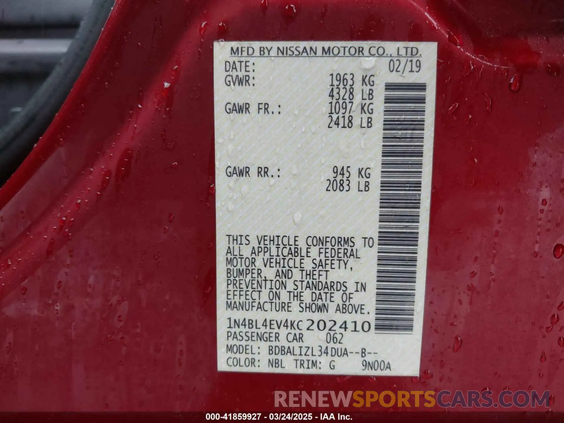 9 Photograph of a damaged car 1N4BL4EV4KC202410 NISSAN ALTIMA 2019