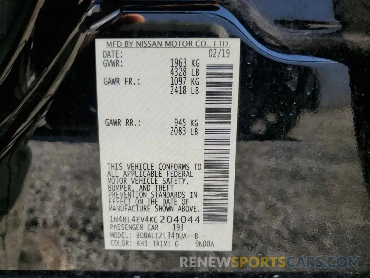 12 Photograph of a damaged car 1N4BL4EV4KC204044 NISSAN ALTIMA 2019