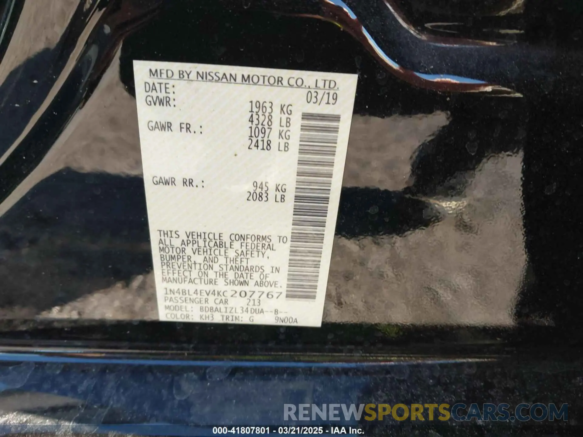 9 Photograph of a damaged car 1N4BL4EV4KC207767 NISSAN ALTIMA 2019