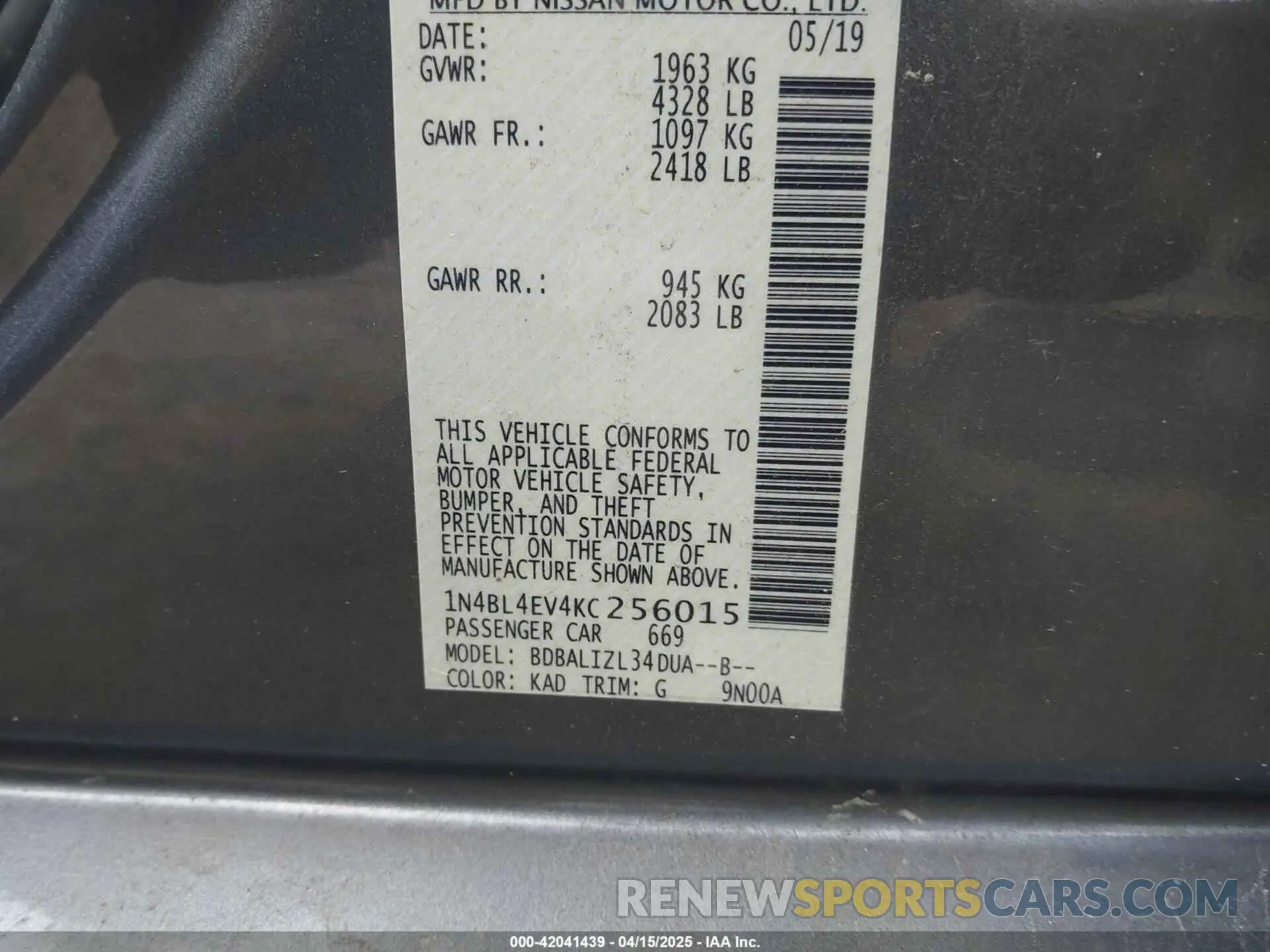 9 Photograph of a damaged car 1N4BL4EV4KC256015 NISSAN ALTIMA 2019