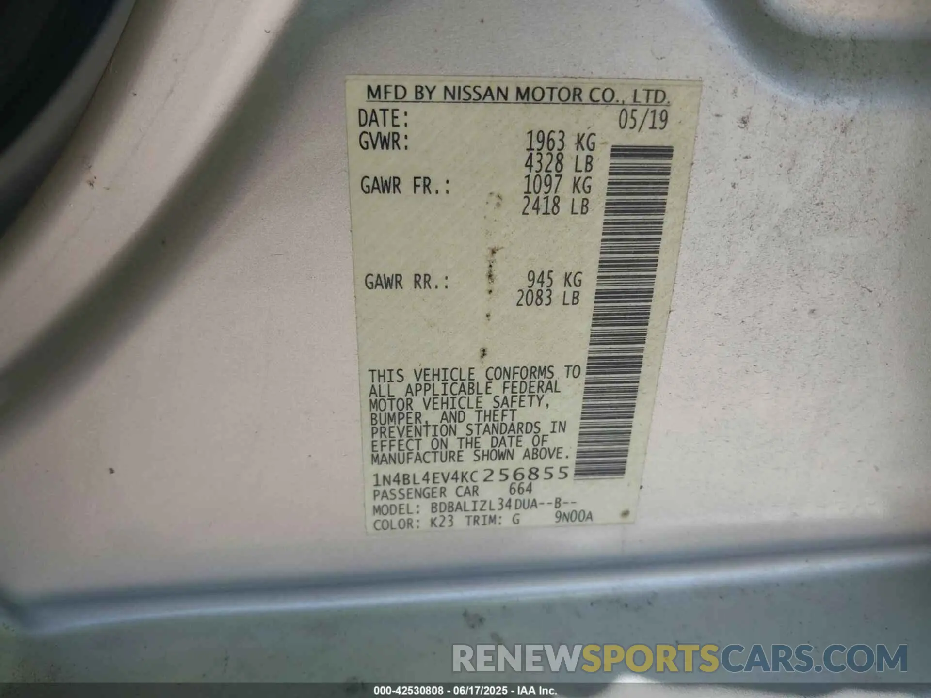 9 Photograph of a damaged car 1N4BL4EV4KC256855 NISSAN ALTIMA 2019