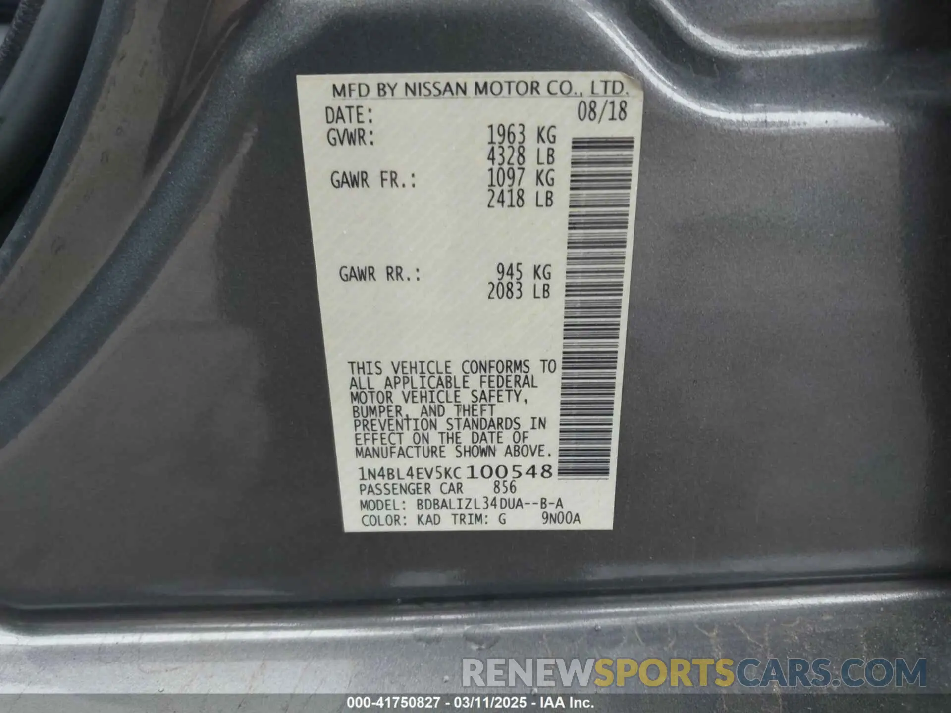9 Photograph of a damaged car 1N4BL4EV5KC100548 NISSAN ALTIMA 2019