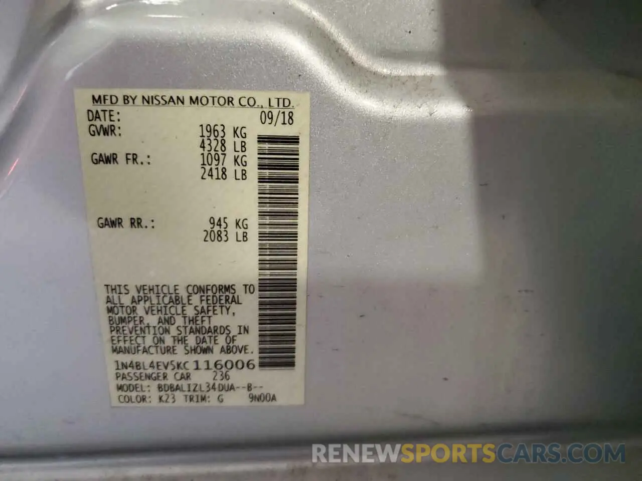 12 Photograph of a damaged car 1N4BL4EV5KC116006 NISSAN ALTIMA 2019