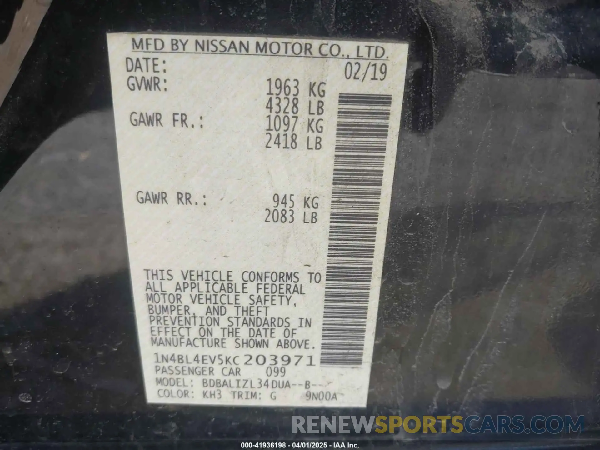 9 Photograph of a damaged car 1N4BL4EV5KC203971 NISSAN ALTIMA 2019