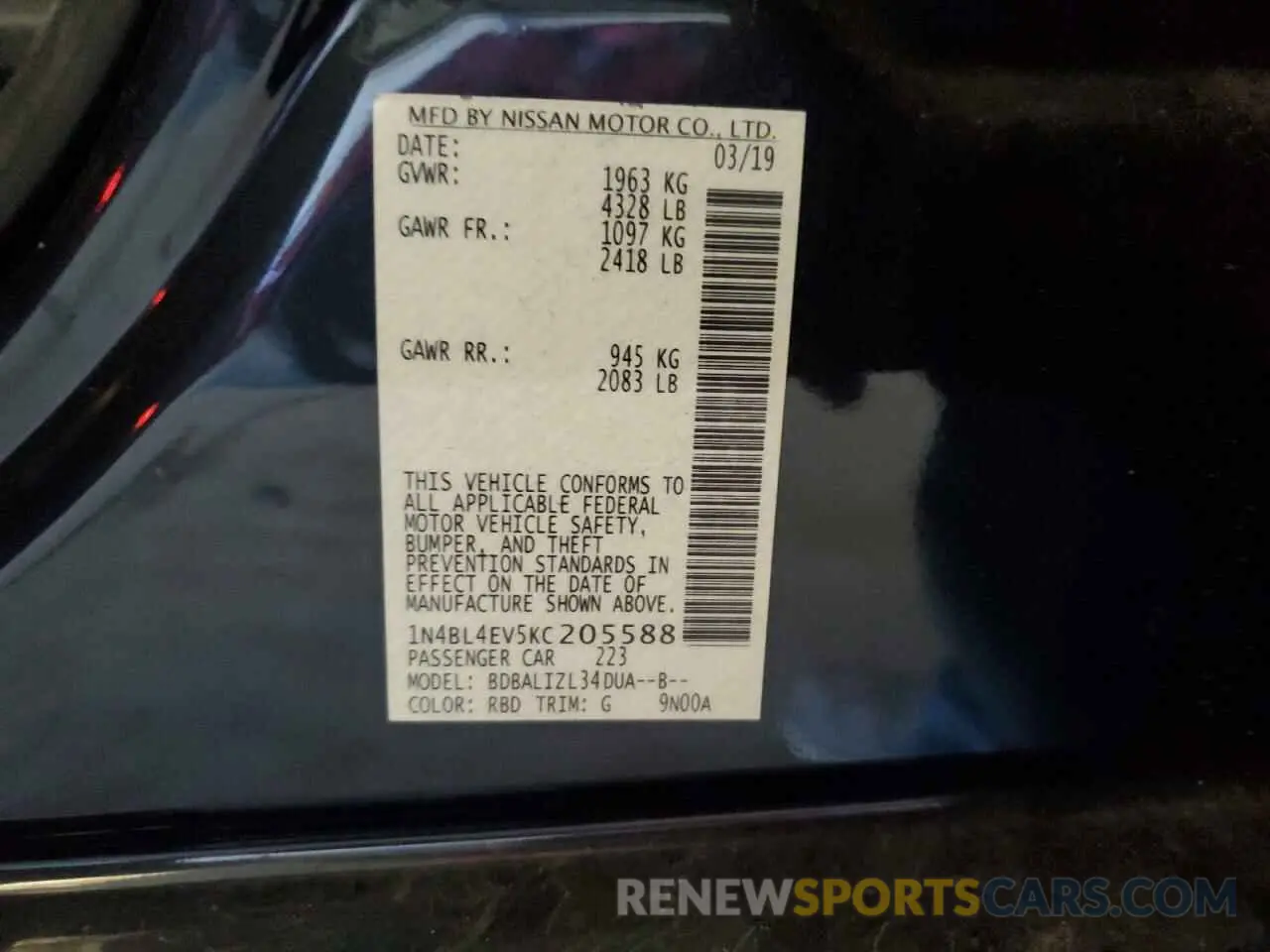12 Photograph of a damaged car 1N4BL4EV5KC205588 NISSAN ALTIMA 2019