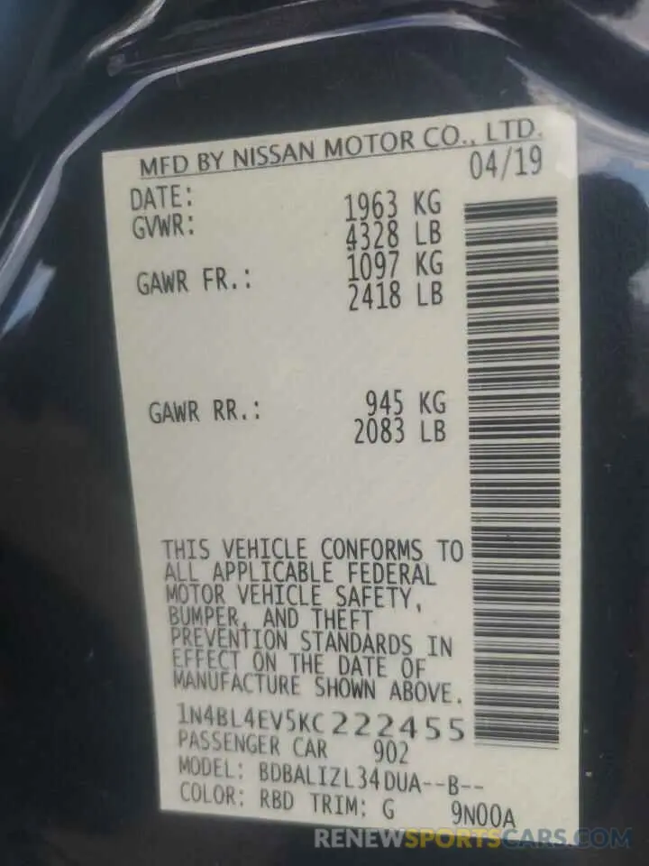 15 Photograph of a damaged car 1N4BL4EV5KC222455 NISSAN ALTIMA 2019
