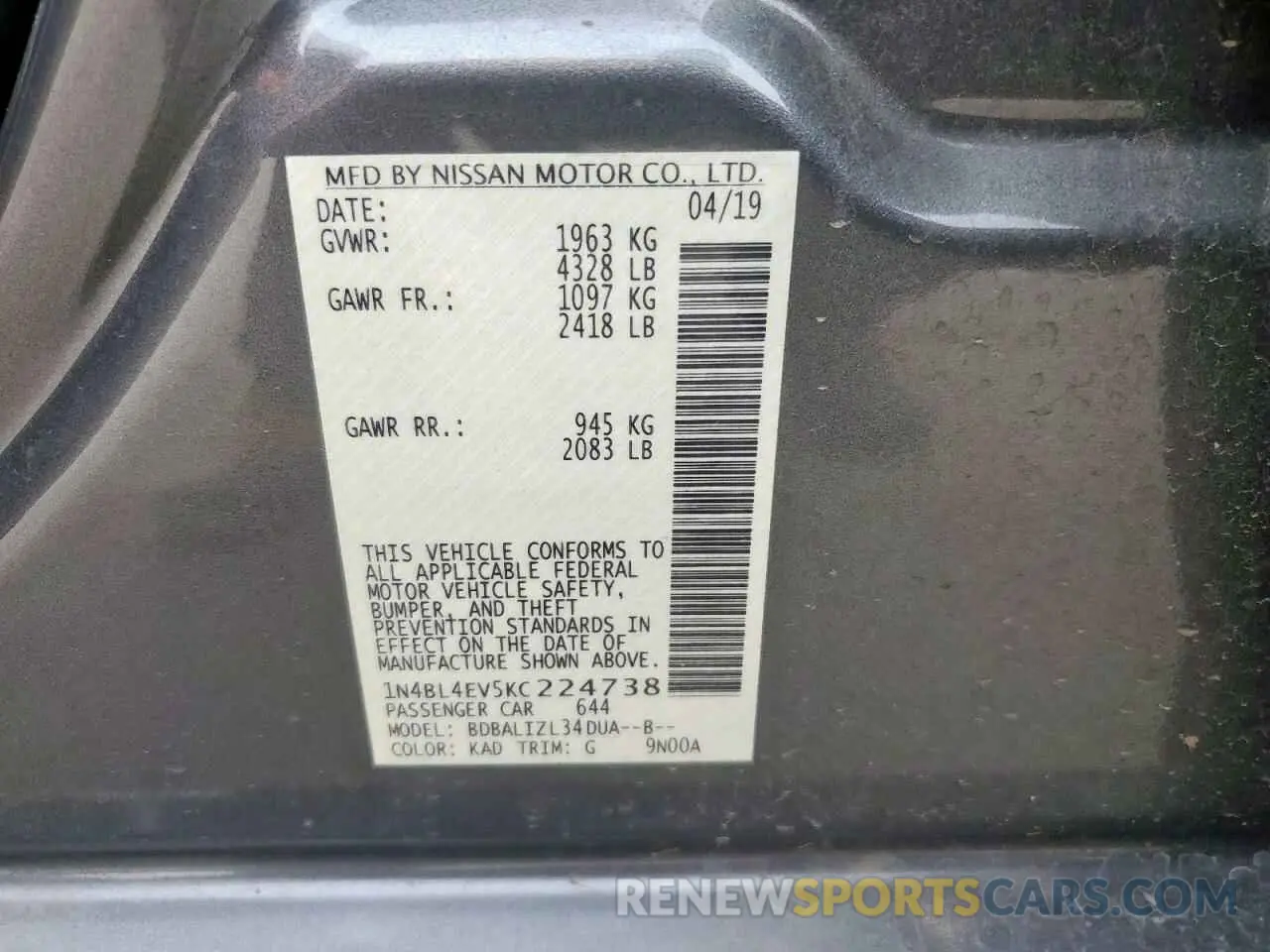 15 Photograph of a damaged car 1N4BL4EV5KC224738 NISSAN ALTIMA 2019