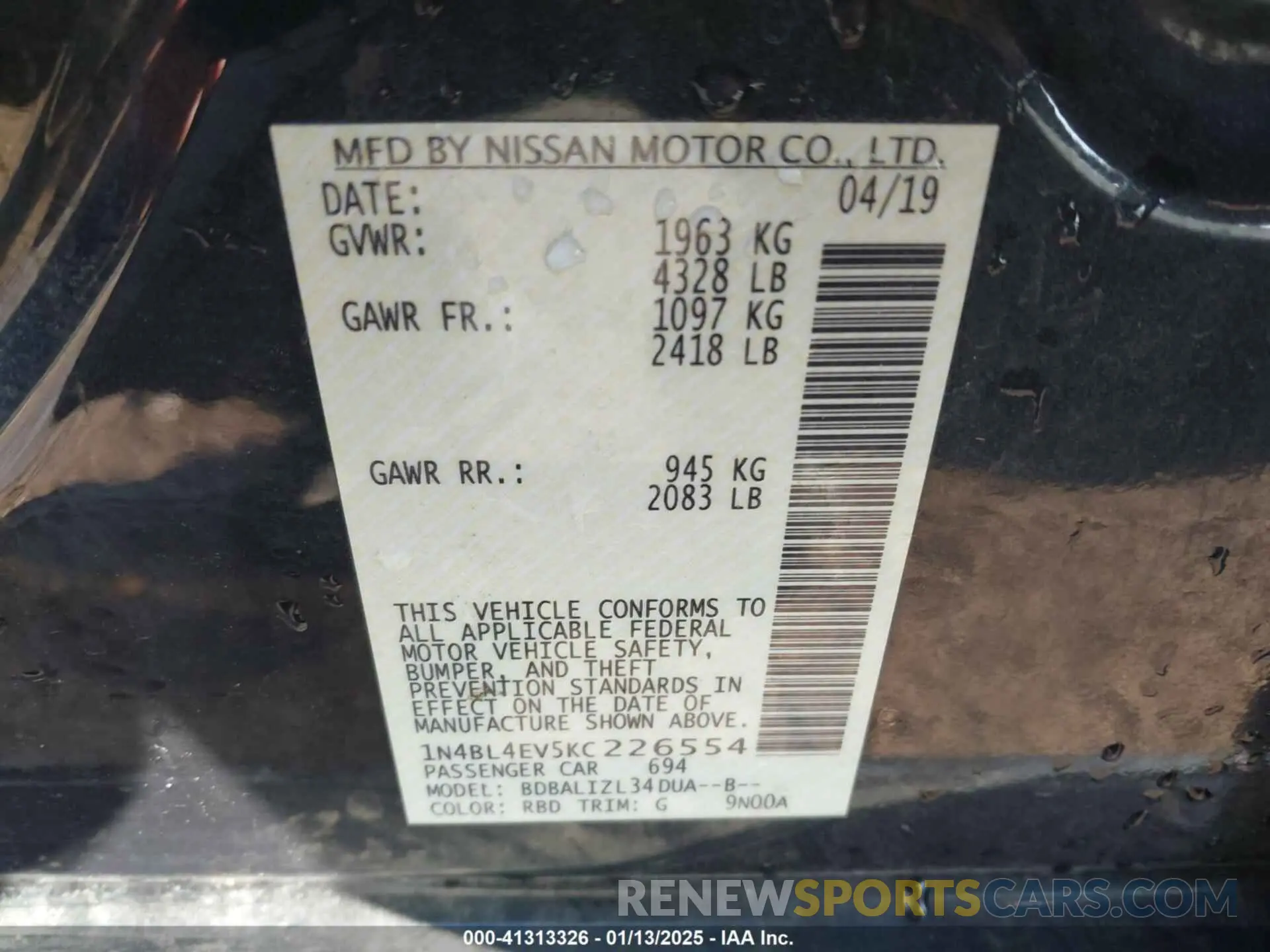 9 Photograph of a damaged car 1N4BL4EV5KC226554 NISSAN ALTIMA 2019