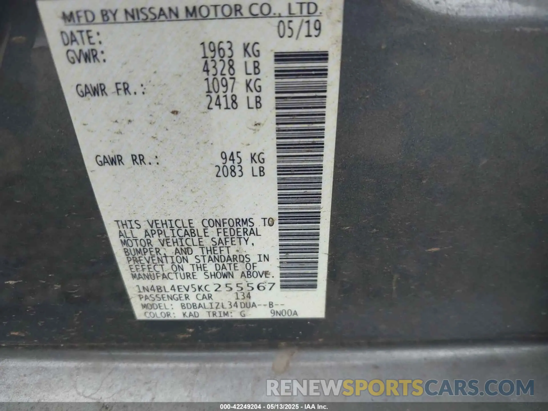 9 Photograph of a damaged car 1N4BL4EV5KC255567 NISSAN ALTIMA 2019