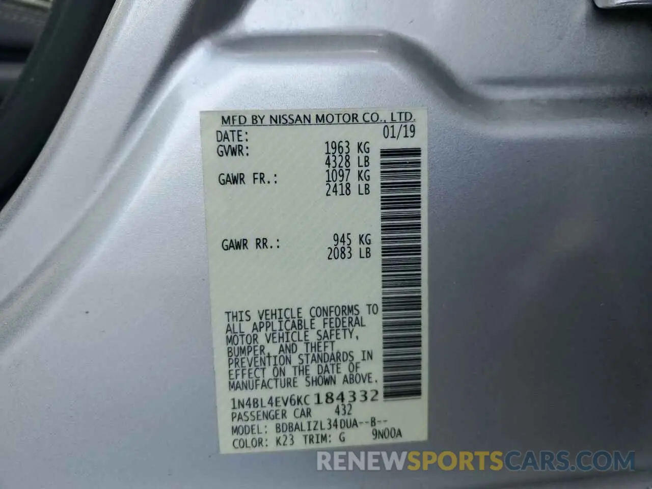 12 Photograph of a damaged car 1N4BL4EV6KC184332 NISSAN ALTIMA 2019
