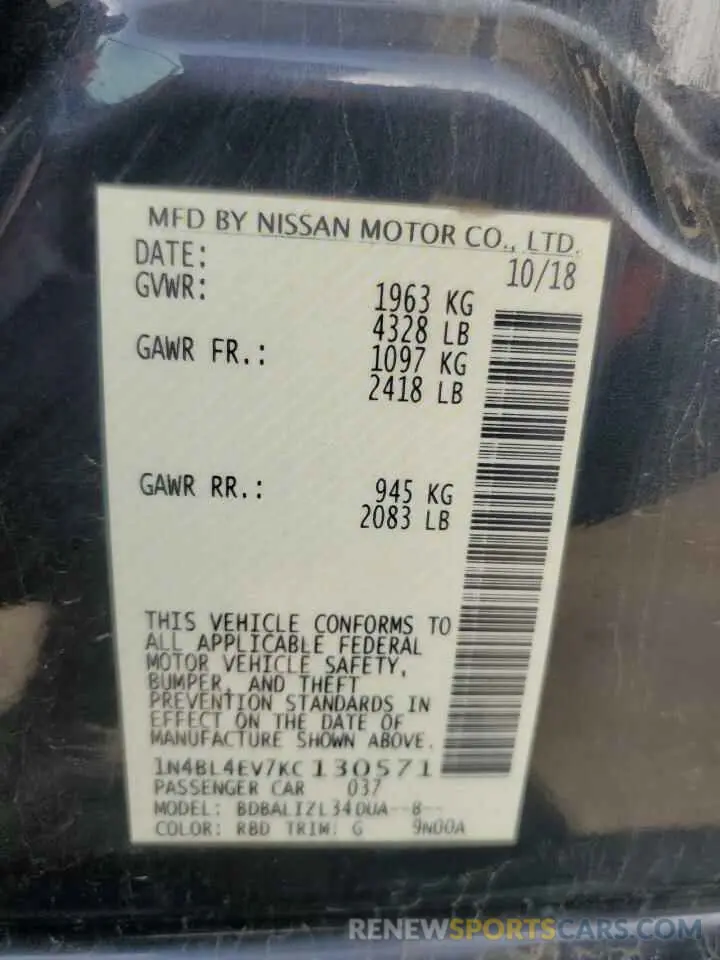 12 Photograph of a damaged car 1N4BL4EV7KC130571 NISSAN ALTIMA 2019