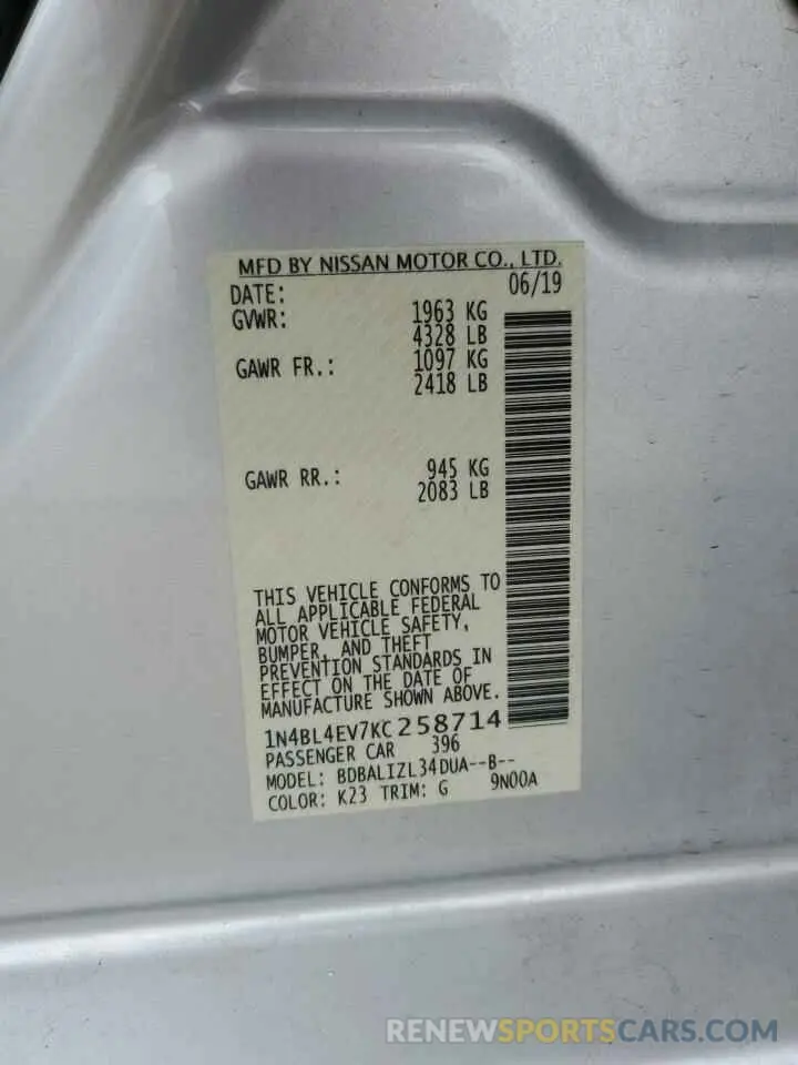 13 Photograph of a damaged car 1N4BL4EV7KC258714 NISSAN ALTIMA 2019